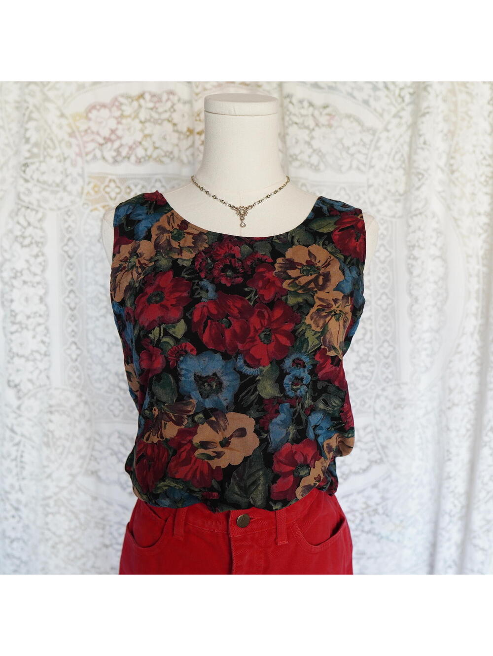 Vintage Tank Top Floral Whimsigoth Dopamine Rayon Wrapper Made in USA